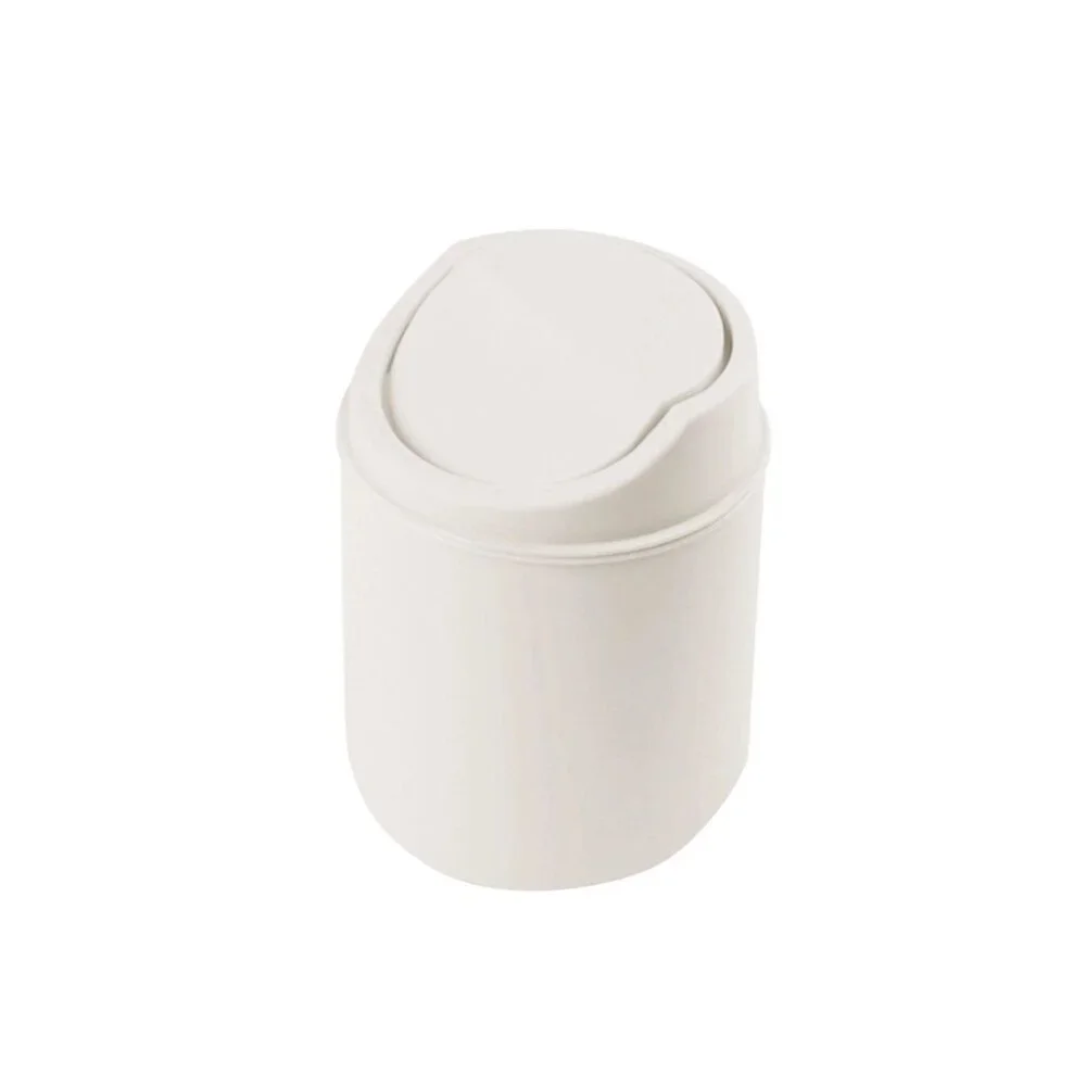 Mini Desktop Trash Can with Lid – Off White Plastic Bin for Office, Vanity, Car